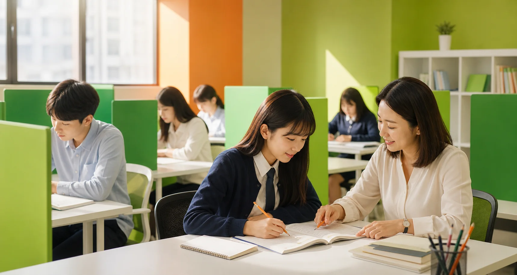 학생의 교재를 함께 살펴보며 설명하는 학습코칭 장면