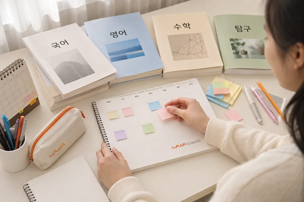 기말고사 일주일 전 공부 계획, 과목별 확인과 재점검을 나누는 방법 본문 · 과목별 자료와 계획표를 보는 모습